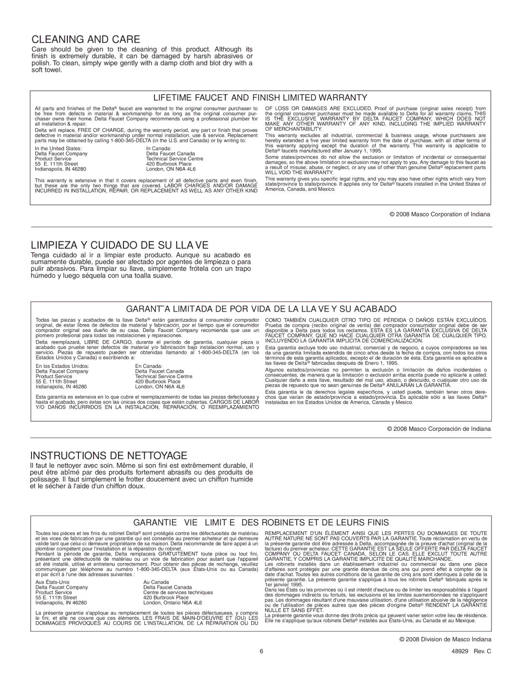 Delta 15915 Series manual Cleaning and Care 