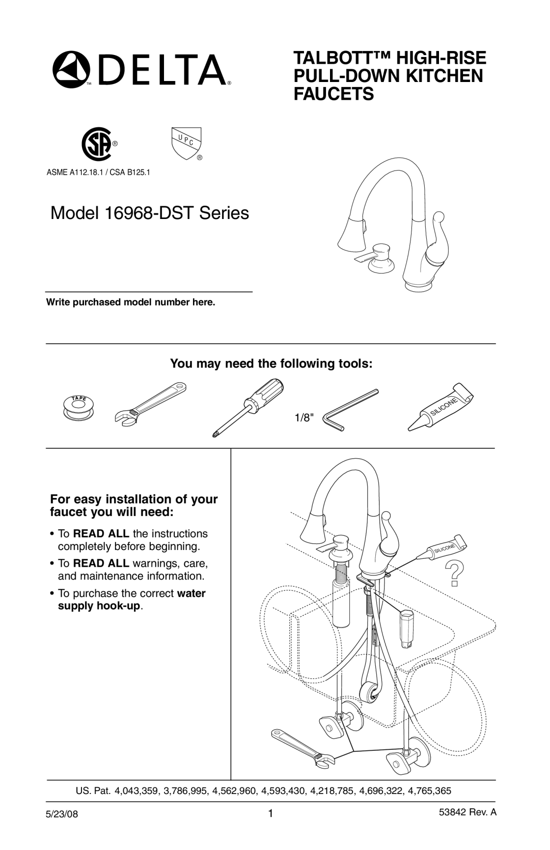 Delta 16968-DST Series manual Talbott HIGH-RISE PULL-DOWN Kitchen Faucets 