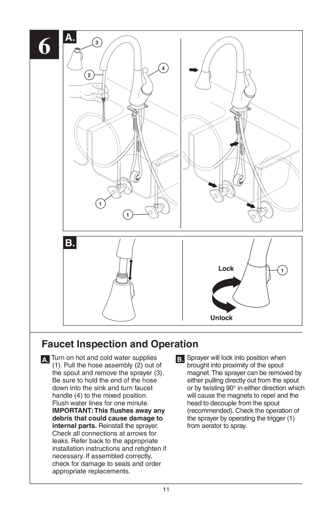 Delta 16968-DST Series manual Faucet Inspection and Operation, Turn on hot and cold water supplies 