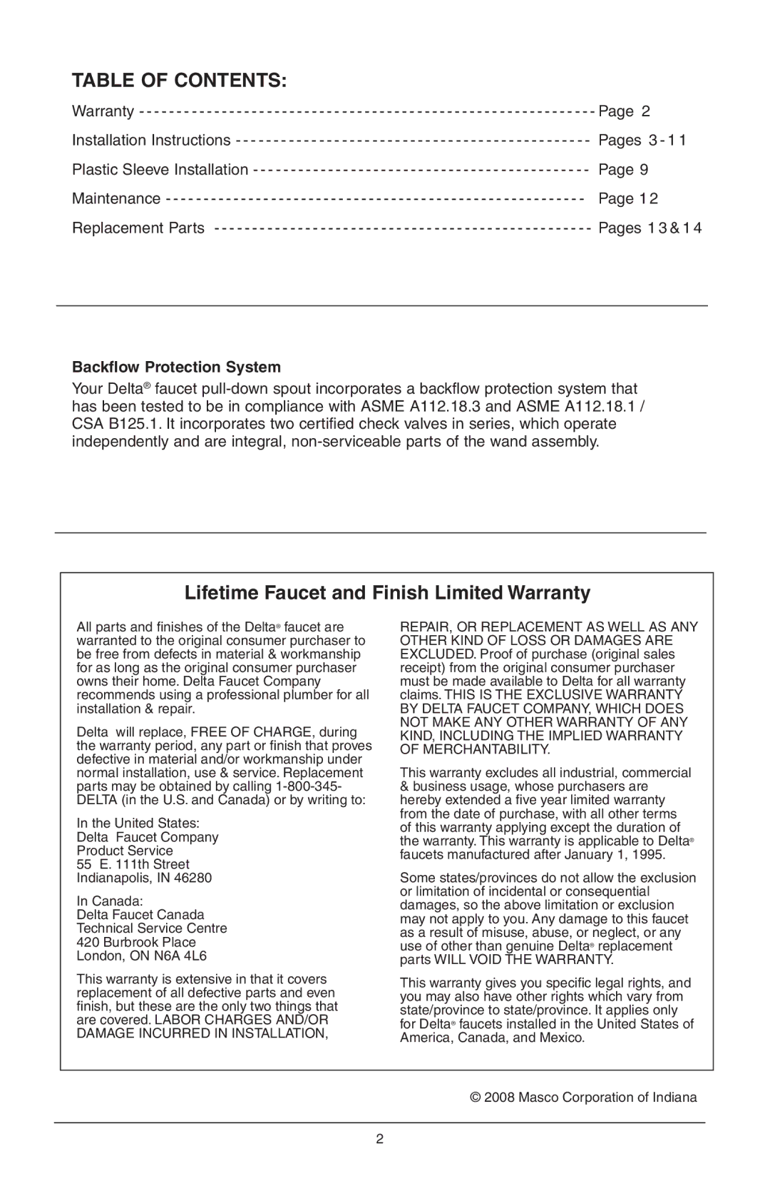 Delta 16968-DST Series manual Table of Contents 