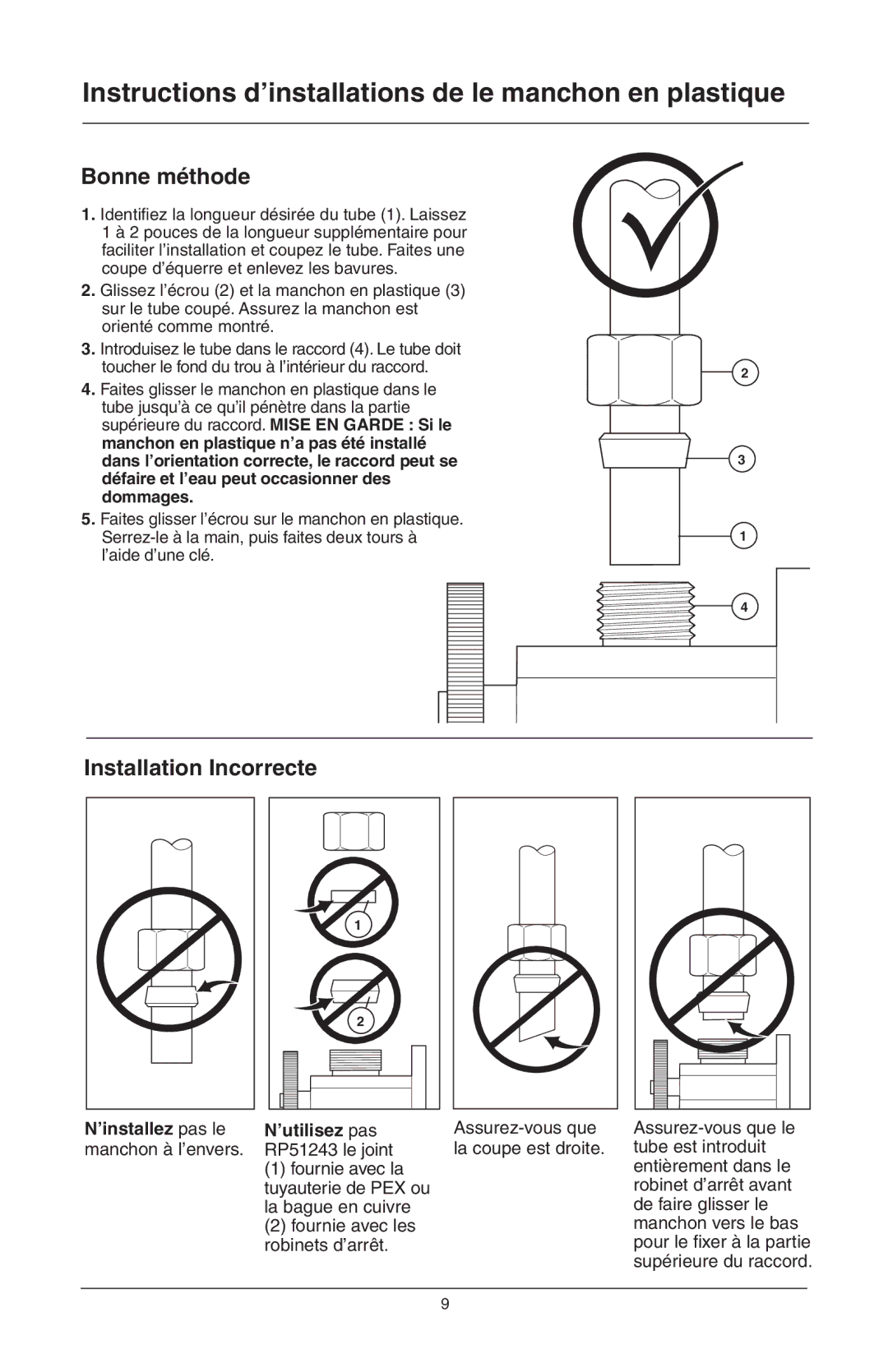 Delta 16968-DST Series manual Instructions d’installations de le manchon en plastique, Bonne méthode 