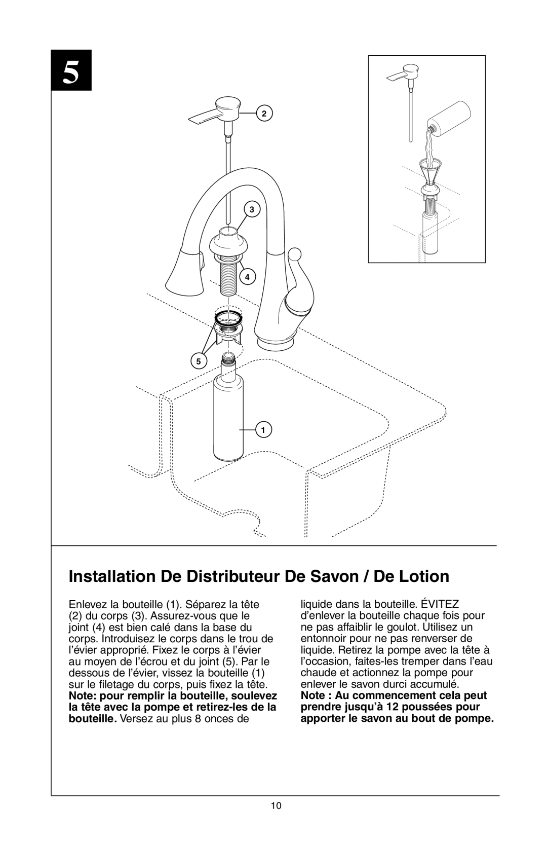 Delta 16968-DST Series manual Installation De Distributeur De Savon / De Lotion, Enlevez la bouteille 1. Séparez la tête 