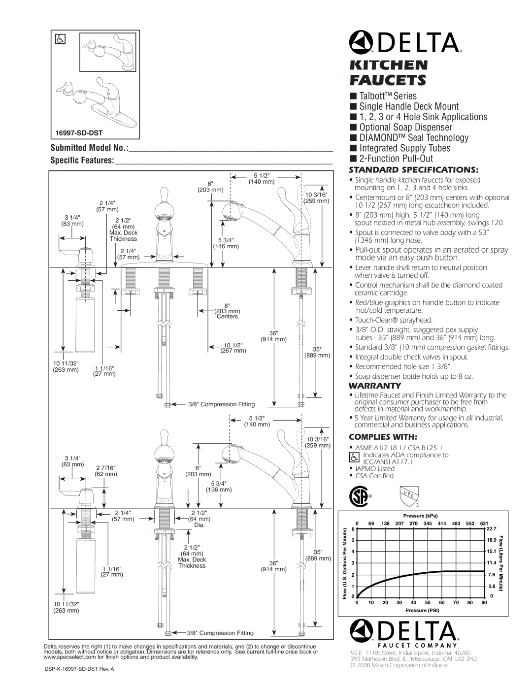 Delta 16997-SD-DST warranty Kitchen Faucets, Standard SPECIFICATIONS­, Warranty­, Complies with 