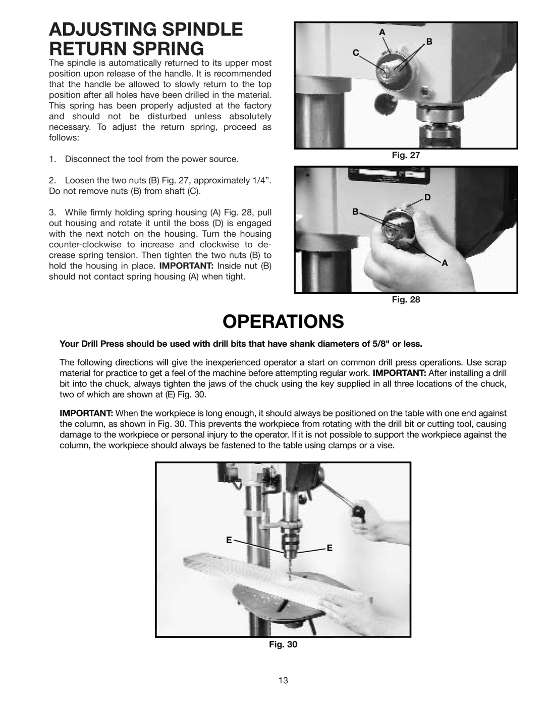 Delta 17-900 instruction manual Adjusting Spindle Return Spring, Operations 