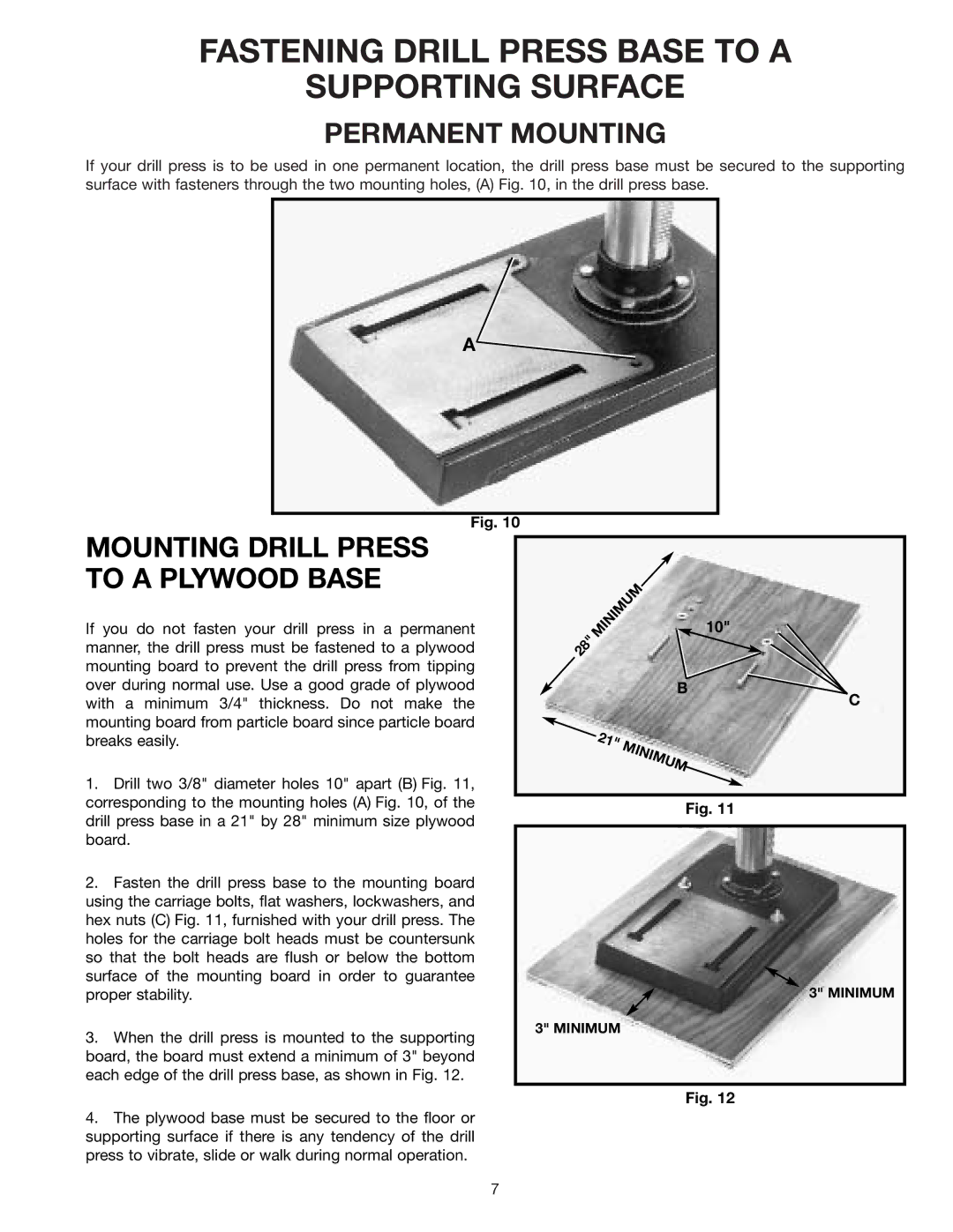 Delta 17-900 instruction manual Fastening Drill Press Base to a Supporting Surface, Permanent Mounting 