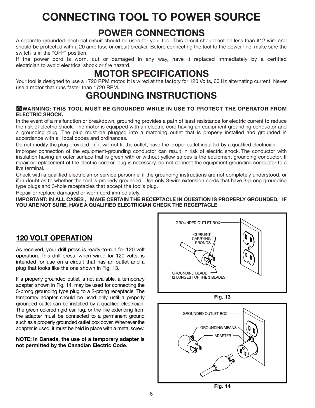 Delta 17-900 Connecting Tool to Power Source, Power Connections, Motor Specifications, Grounding Instructions 