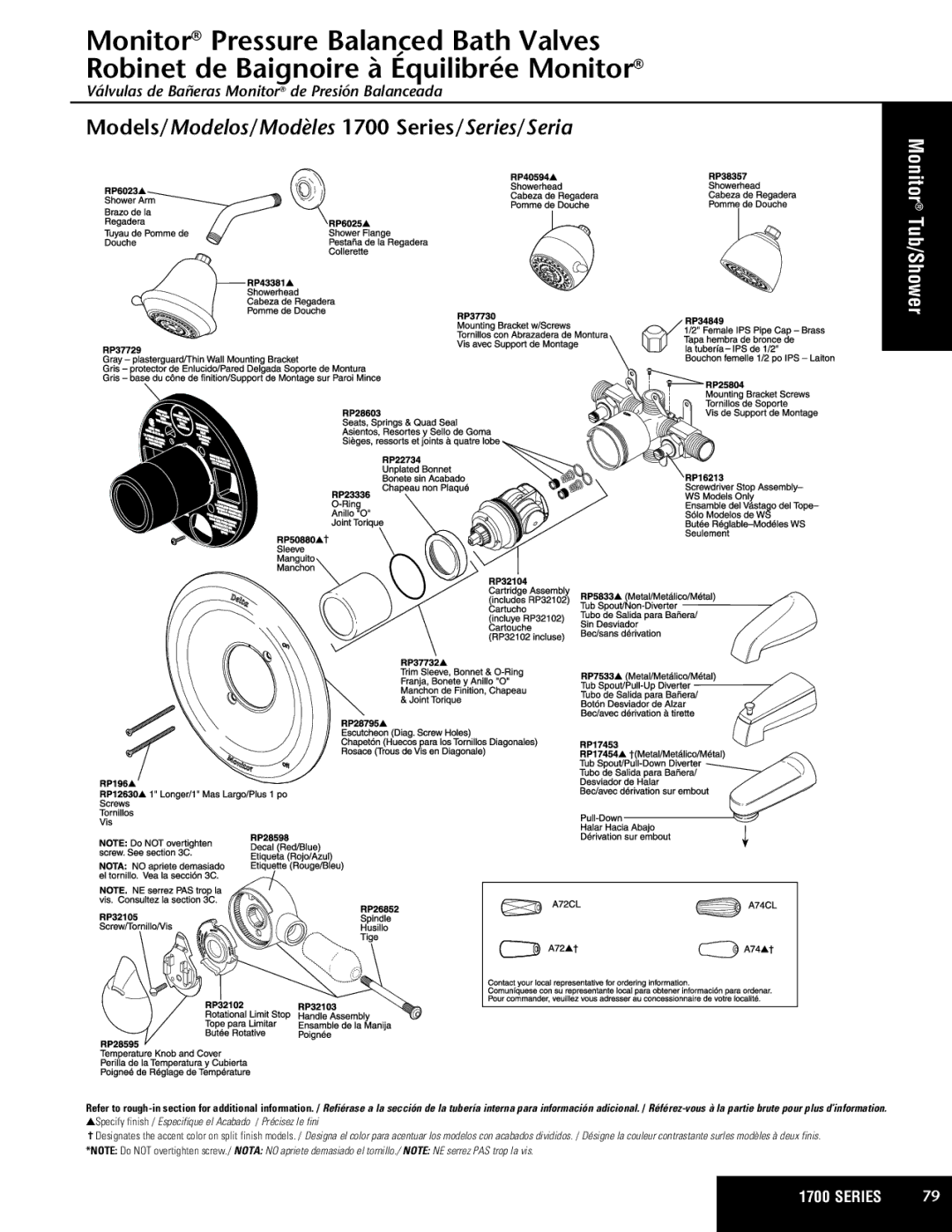 Delta manual Models/Modelos/Modèles 1700 Series/Series/Seria­, Monitor Tub/Shower 