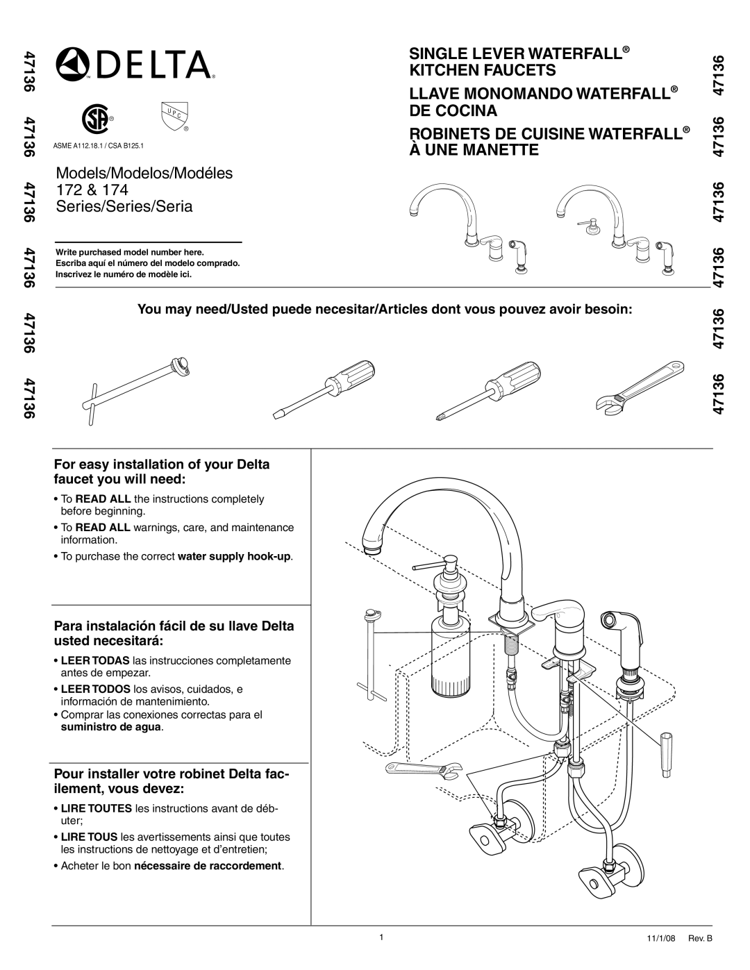 Delta 172 Series manual Lire Toutes les instructions avant de déb- uter, Acheter le bon nécessaire de raccordement 