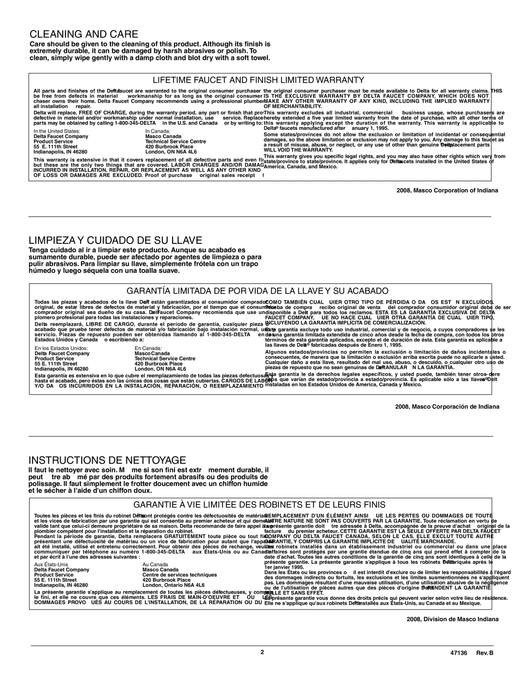 Delta 174 Series, 172 Series manual Cleaning and Care 