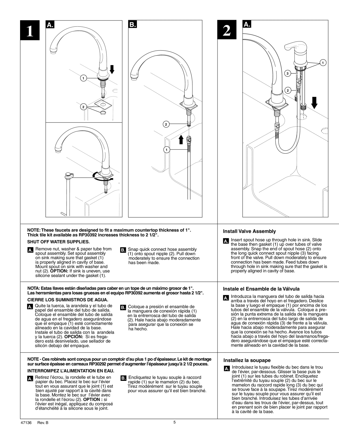 Delta 172 Series, 174 Series manual Install Valve Assembly, Instale el Ensamble de la Válvula, Installez la soupape 