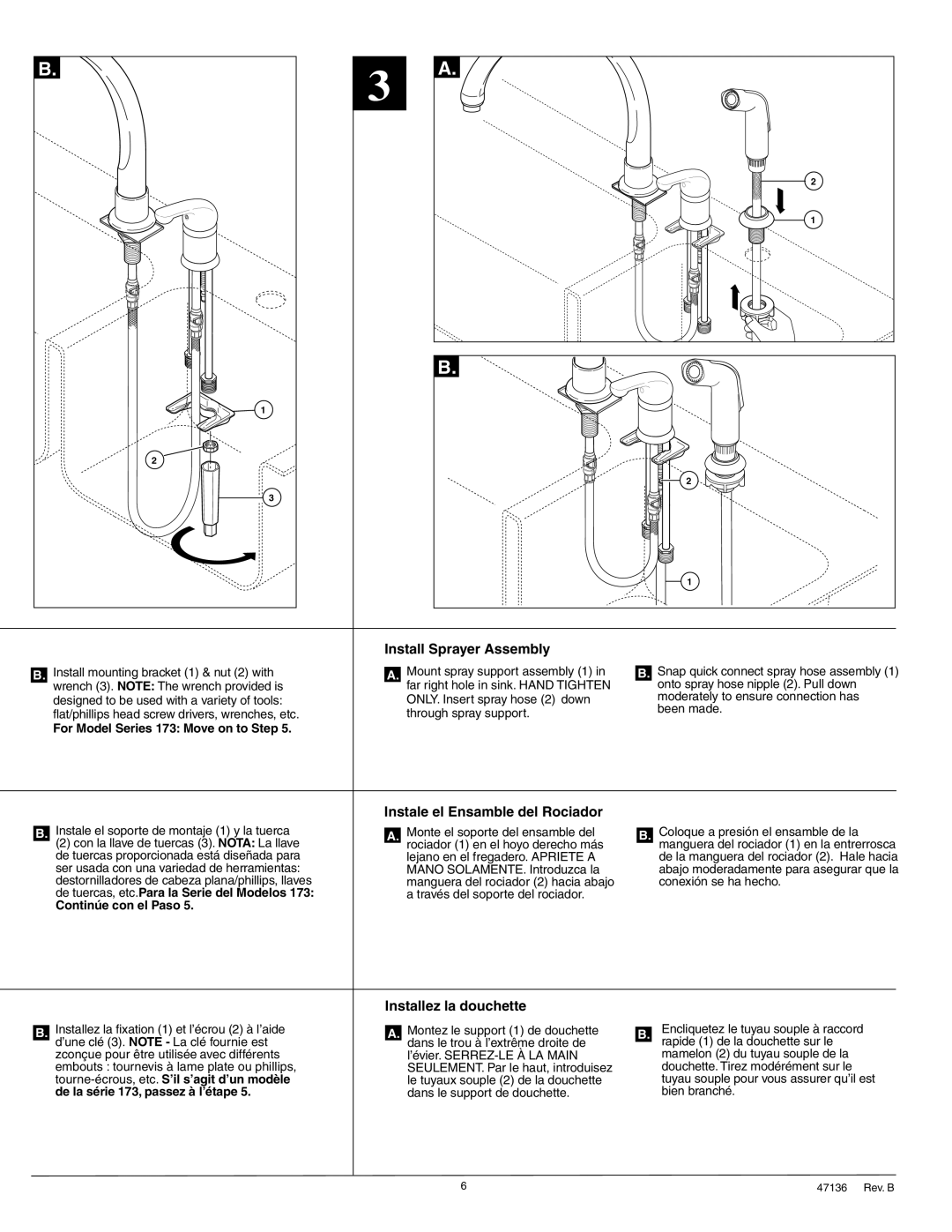 Delta 174 Series, 172 Series manual Install Sprayer Assembly, Instale el Ensamble del Rociador, Installez la douchette 