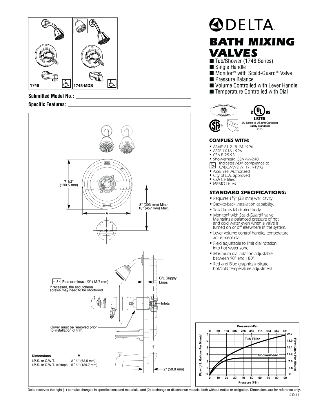 Delta 1748-MDS specifications Complies with, Standard Specifications, Dimensions, Tub, Showerhead 