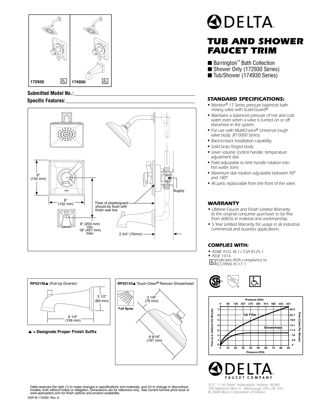 Delta 172930 Series warranty TUB and Shower Faucet Trim, Submitted Model No Specific Features, Standard Specifications 