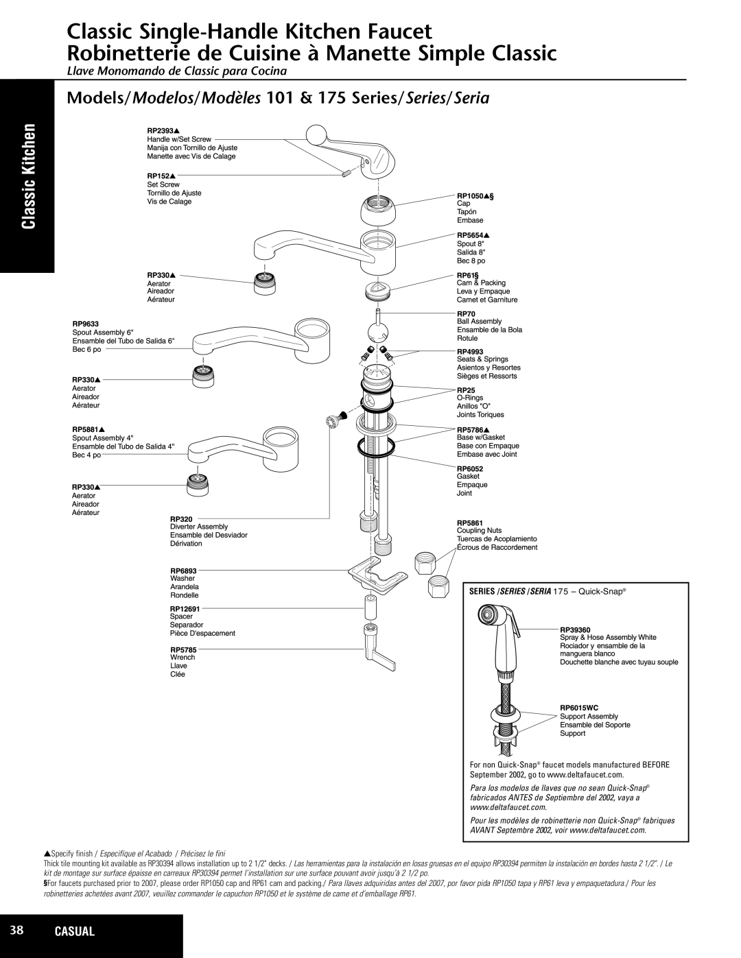 Delta 101 Series manual Models/Modelos/Modèles 101 & 175 Series/Series/Seria, Classic Kitchen 
