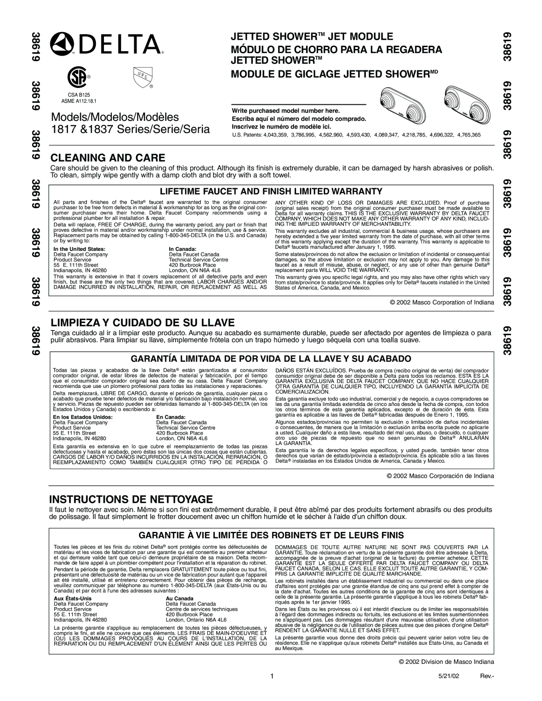 Delta 1837, 1817 warranty Cleaning and Care, Limpieza Y Cuidado DE SU Llave, Instructions DE Nettoyage 