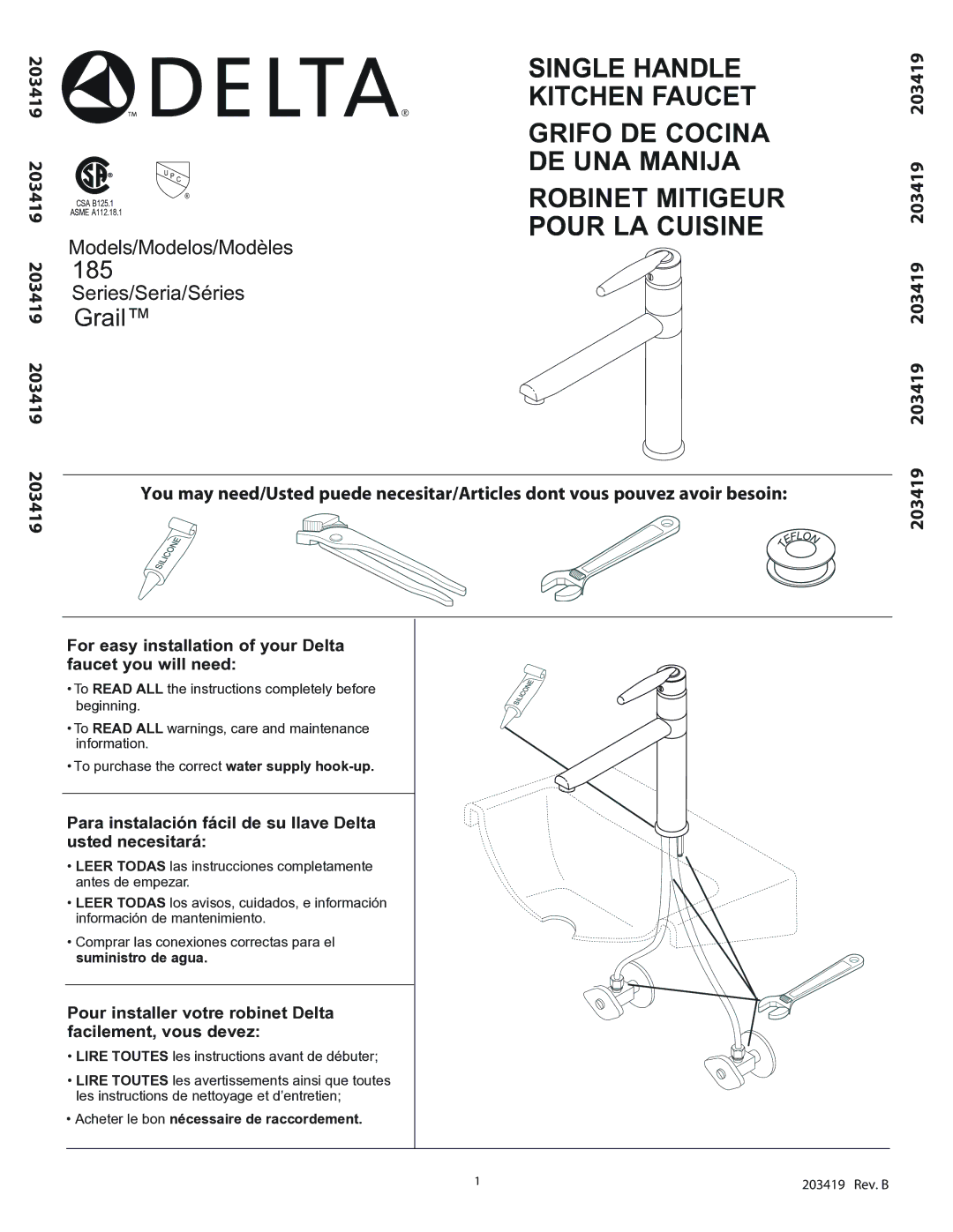 Delta 185 Series manual Pour LA Cuisine, 203419 203419 203419 203419 