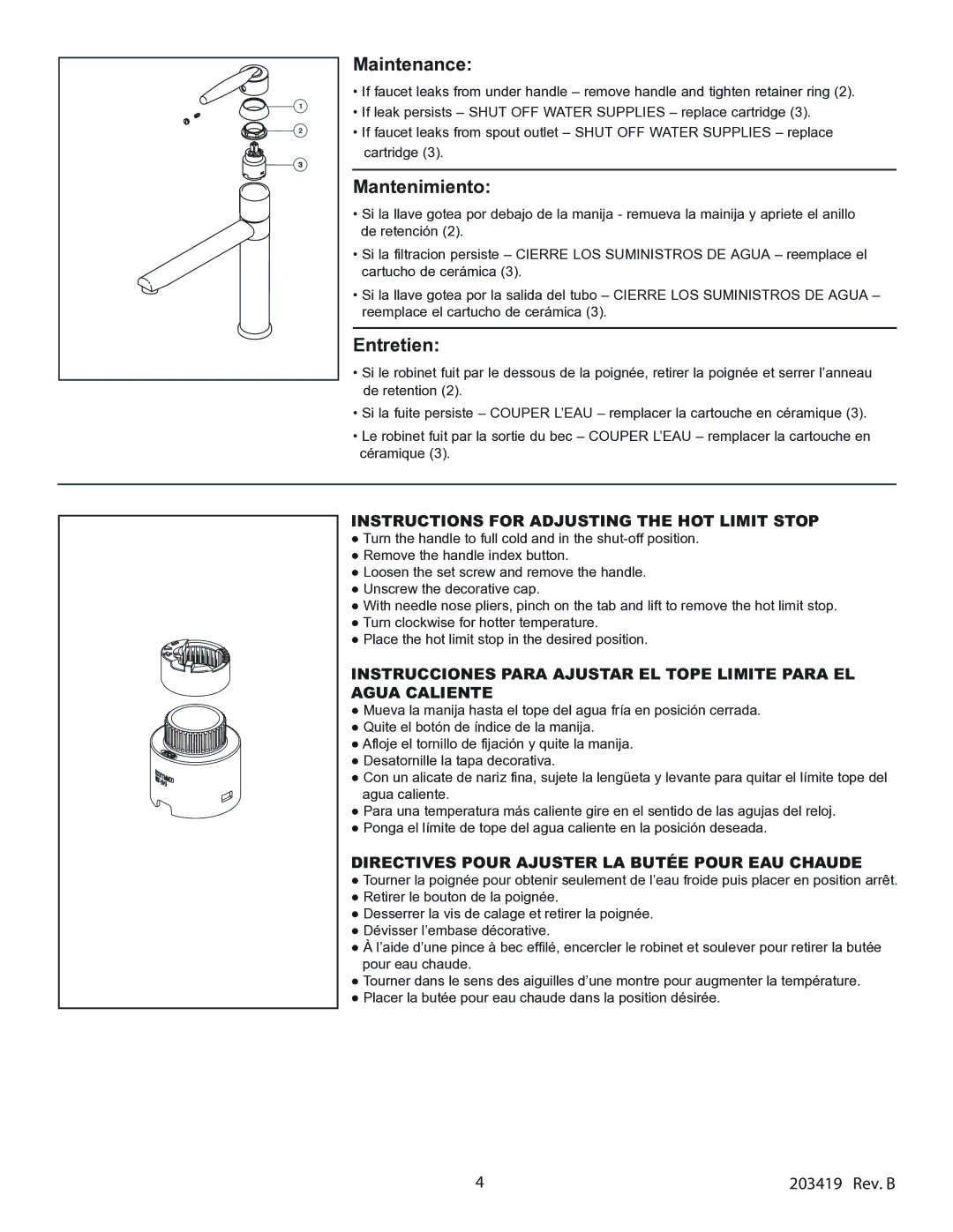 Delta 185 Series manual Maintenance, Mantenimiento, Entretien, Instructions for Adjusting the HOT Limit Stop 