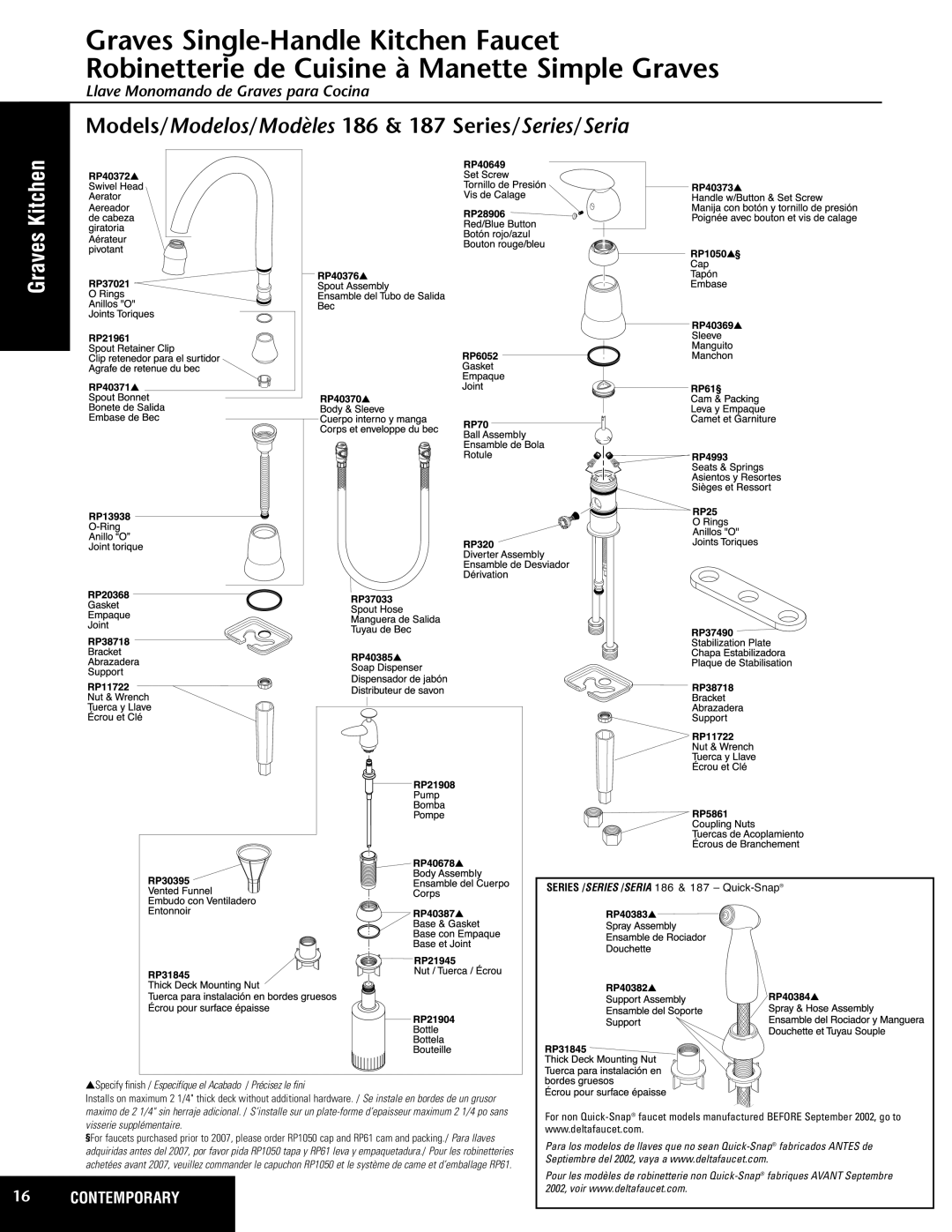 Delta 187 Series, 186 Series manual Graves Kitchen, Specify finish / Especifíque el Acabado / Précisez le fini 