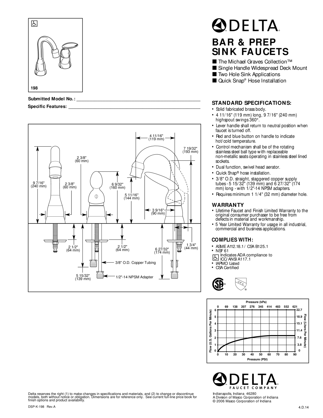 Delta 198 warranty BAR & Prep Sink Faucets, Standard Specifications, Warranty, Complies with, Submitted Model No 