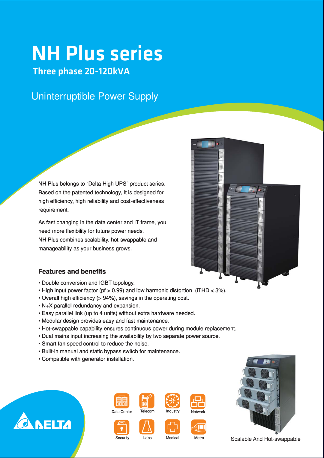 Delta manual NH Plus series, Three phase 20-120kVA Uninterruptible Power Supply, Features and benefits 