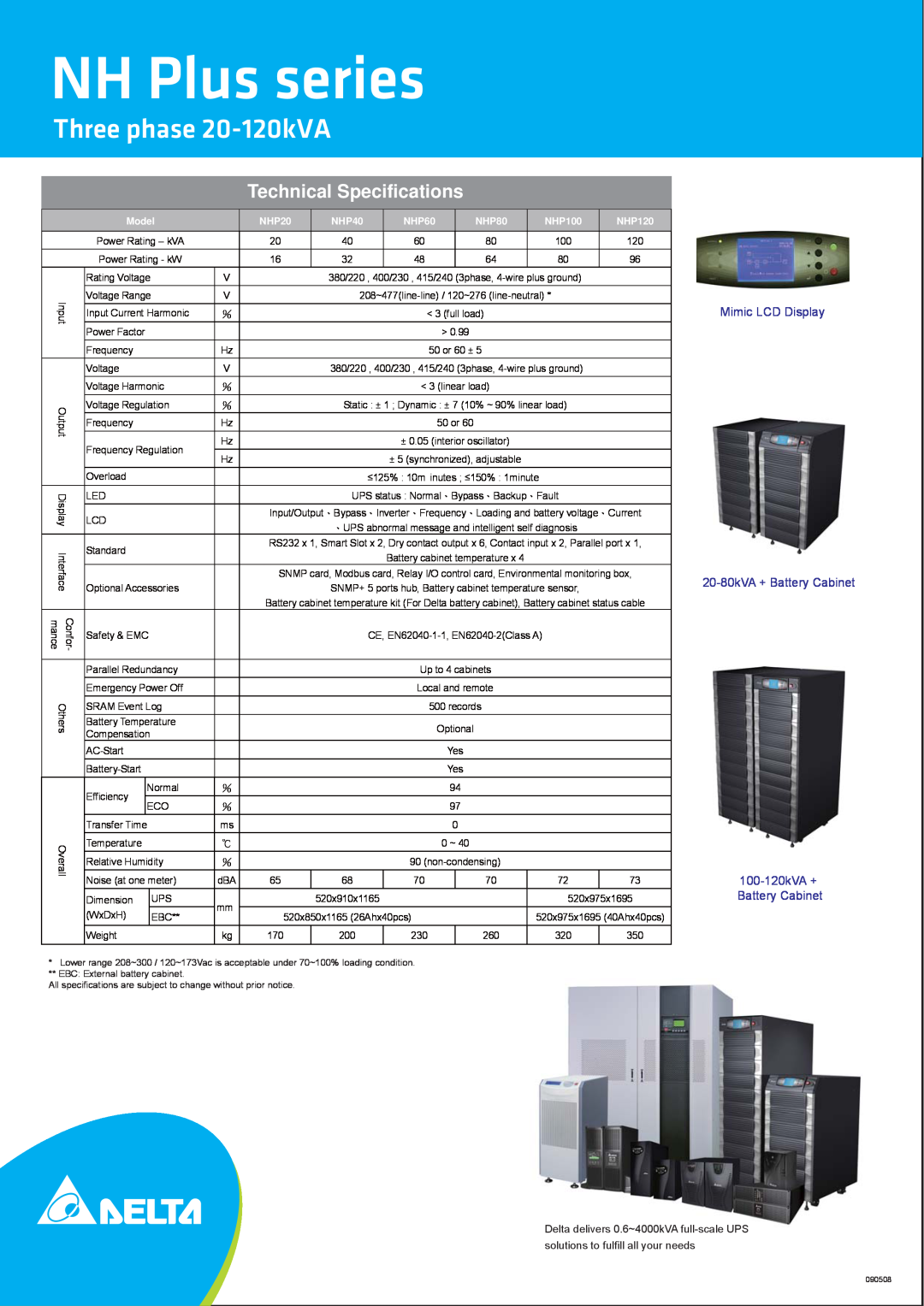 Delta Three phase 20-120kVA, NH Plus series, Technical Specifications, Mimic LCD Display 20-80kVA + Battery Cabinet 