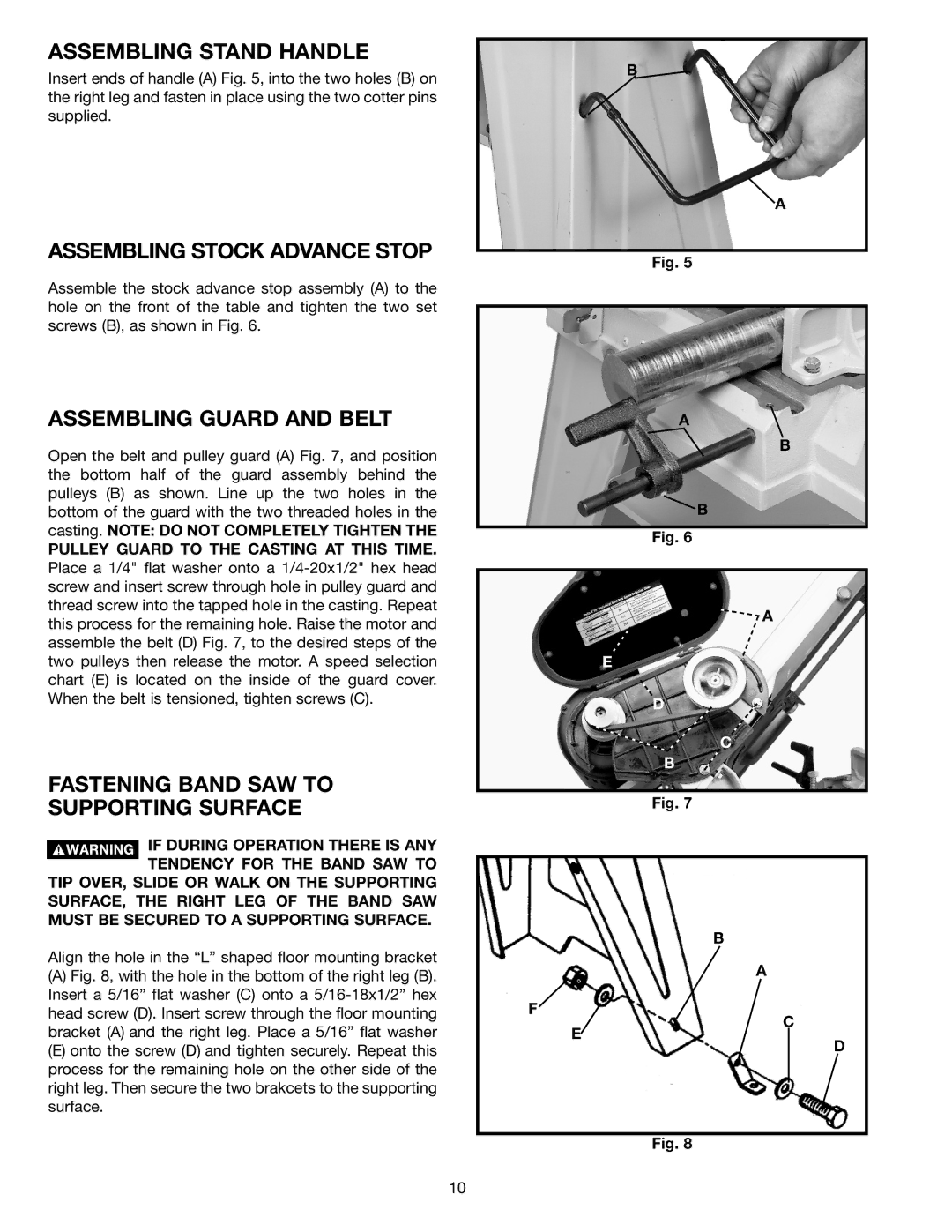 Delta 20-330 instruction manual Assembling Stand Handle, Assembling Stock Advance Stop, Assembling Guard and Belt 