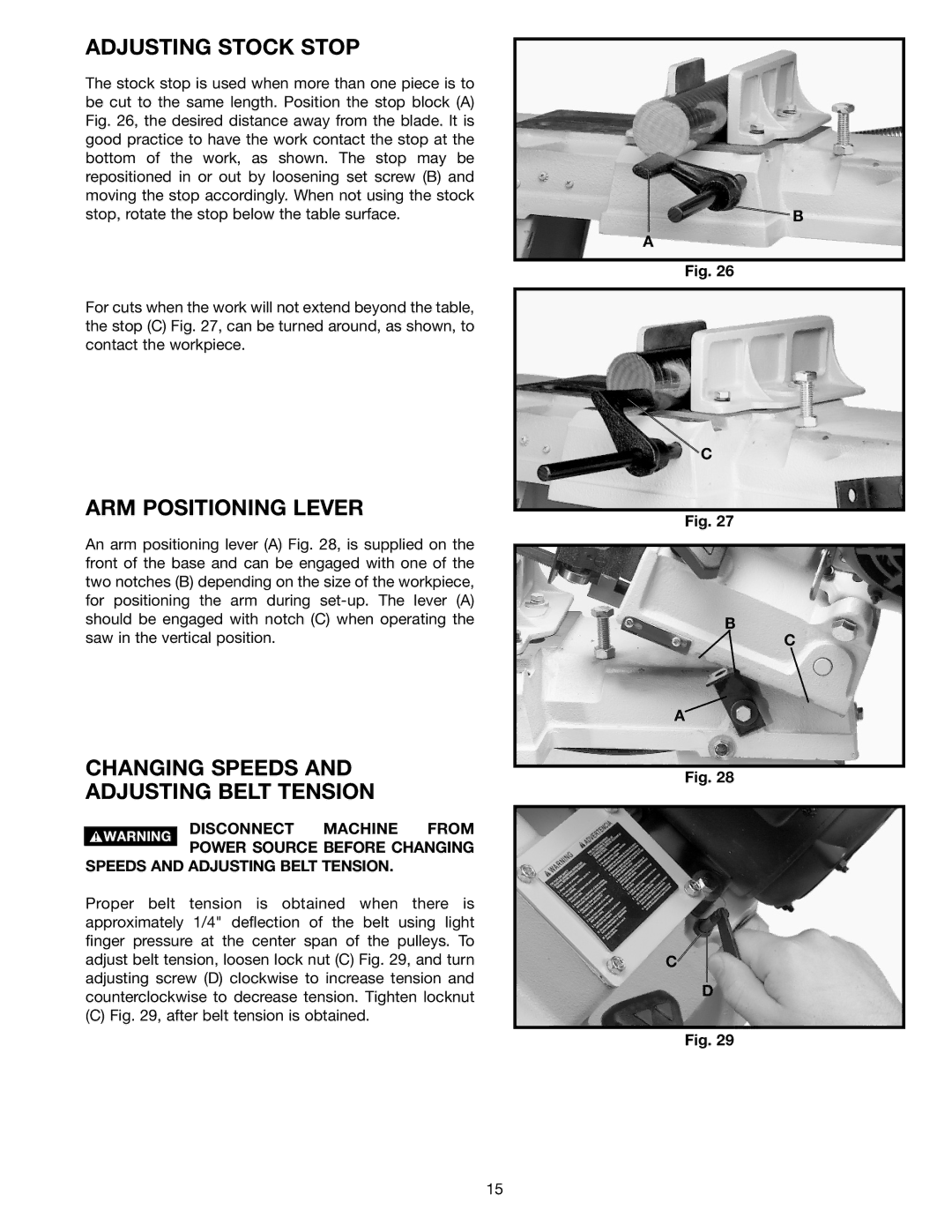 Delta 20-330 instruction manual Adjusting Stock Stop, ARM Positioning Lever, Changing Speeds Adjusting Belt Tension 