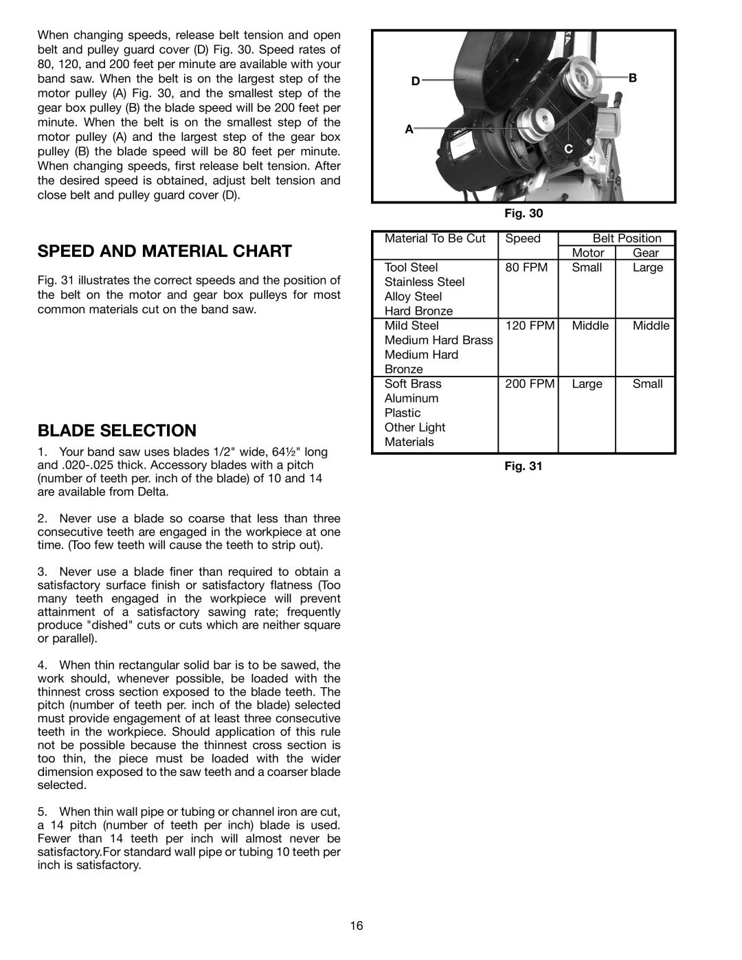 Delta 20-330 instruction manual Speed and Material Chart, Blade Selection 