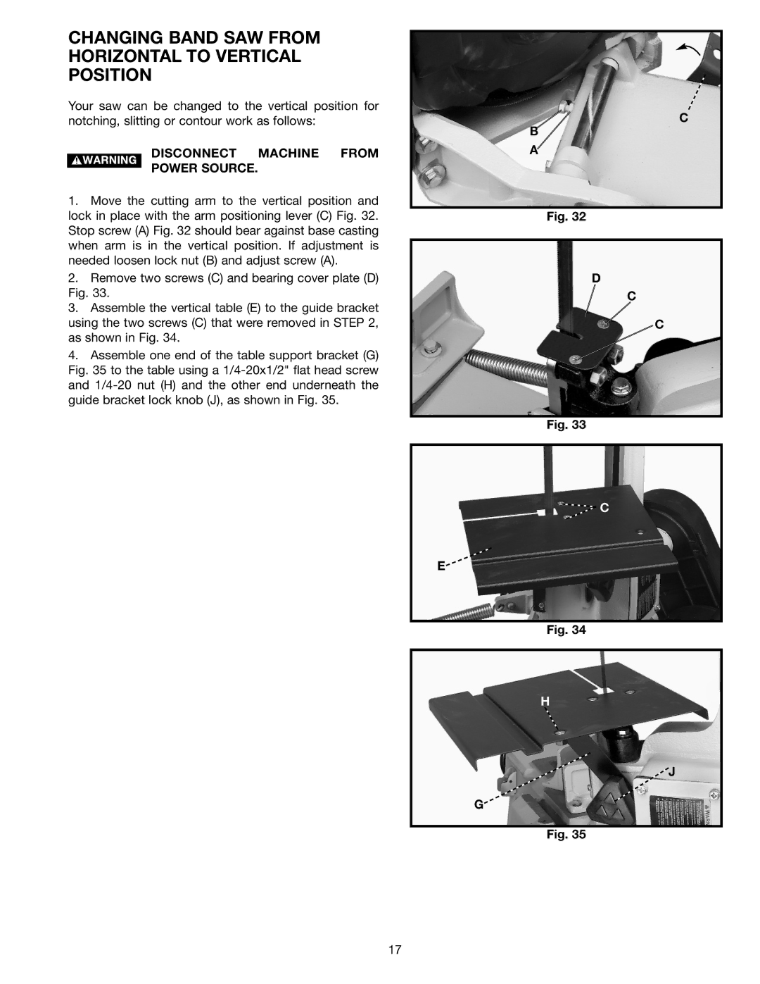 Delta 20-330 instruction manual Changing Band SAW from Horizontal to Vertical Position 