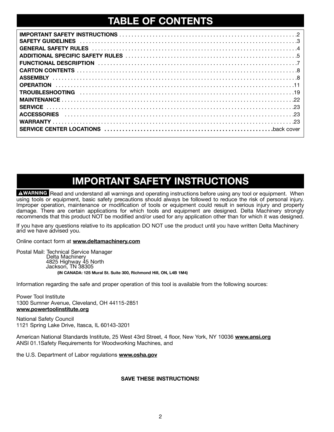 Delta 20-330 instruction manual Table of Contents, Important Safety Instructions 