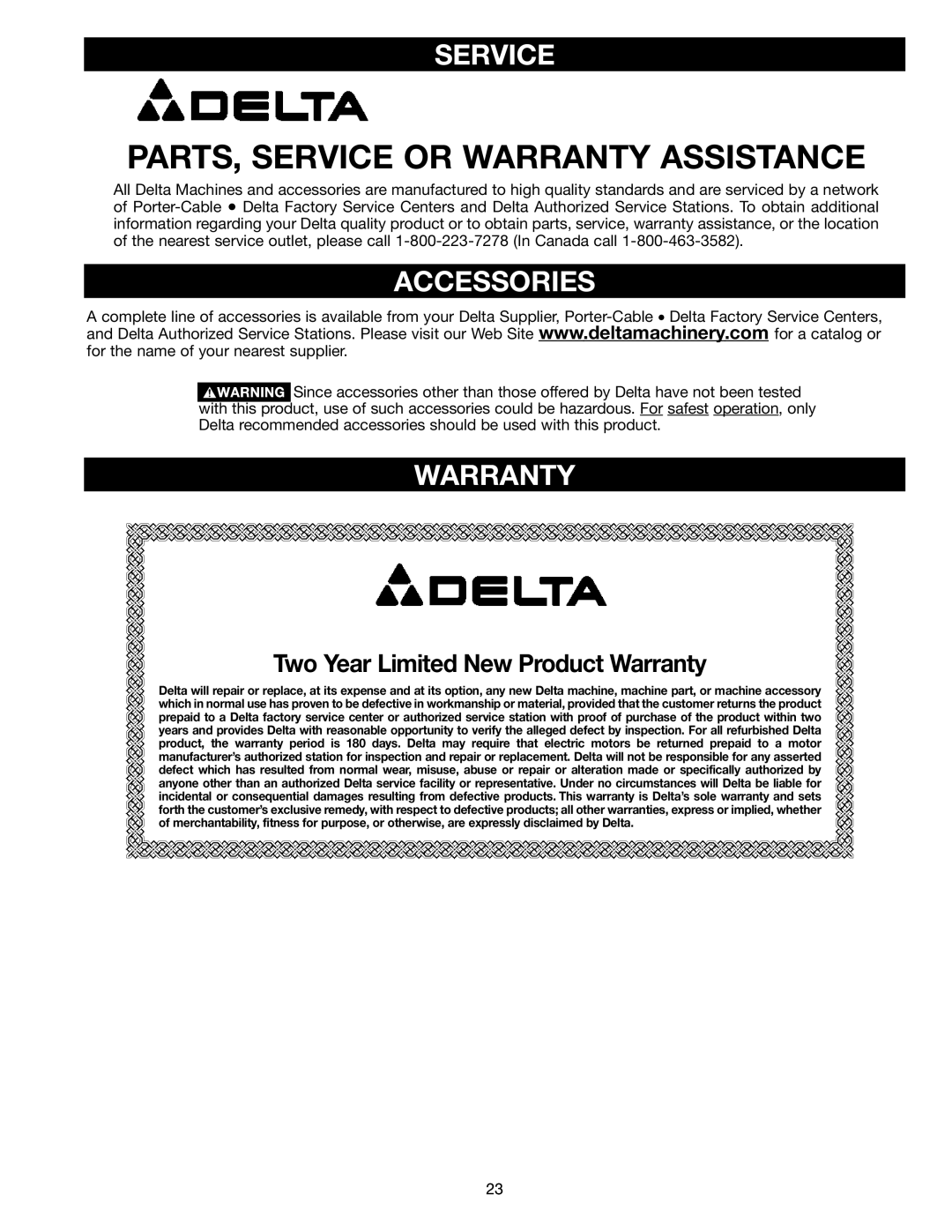 Delta 20-330 instruction manual Service, Accessories, Warranty 