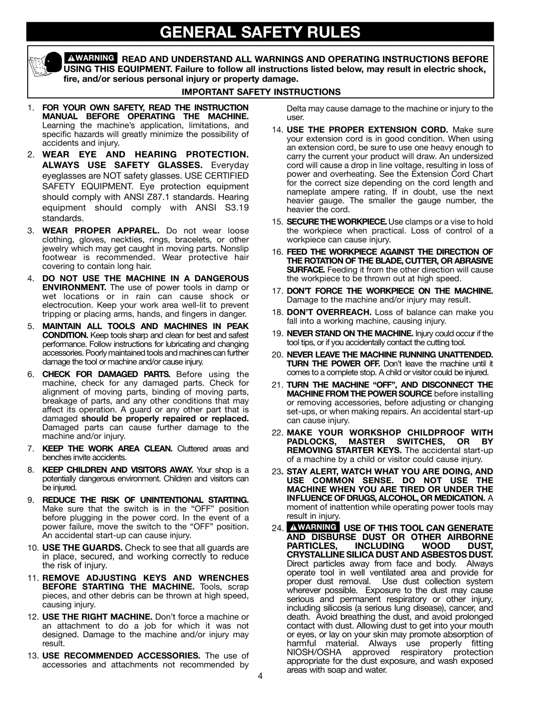 Delta 20-330 instruction manual General Safety Rules, Manual Before Operating the Machine 