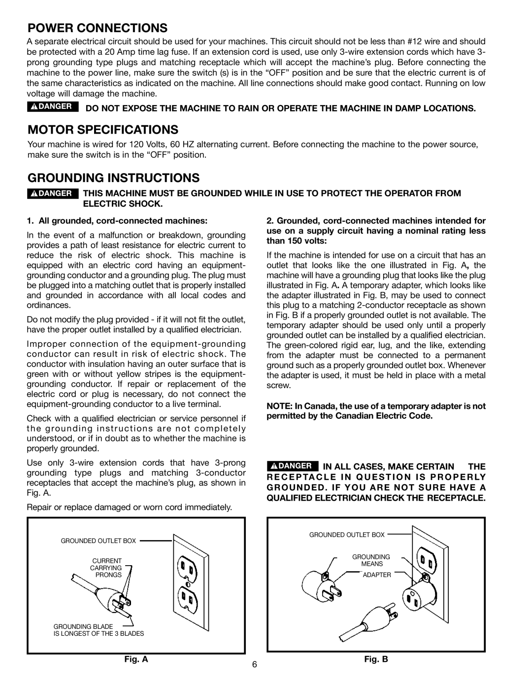 Delta 20-330 instruction manual Power Connections, Motor Specifications, Grounding Instructions 