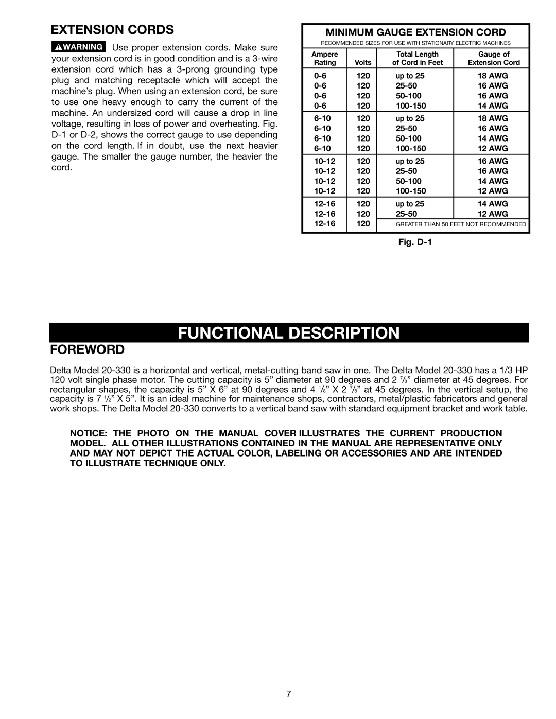 Delta 20-330 instruction manual Functional Description, Extension Cords, Foreword 