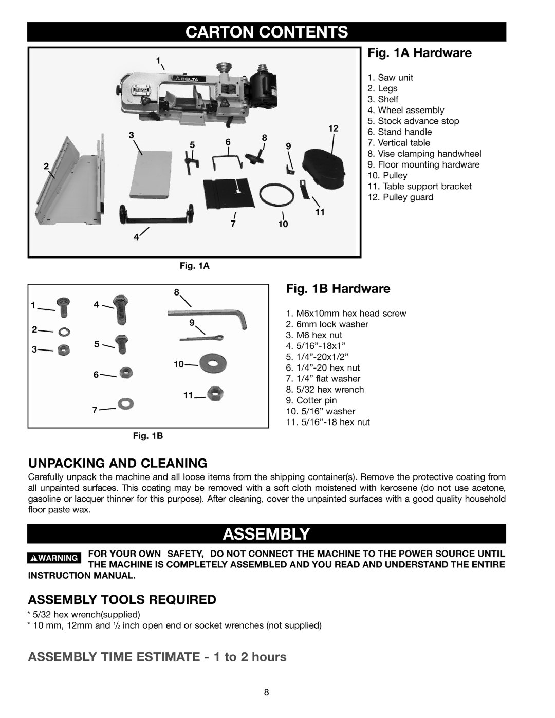 Delta 20-330 instruction manual Carton Contents, Assembly 