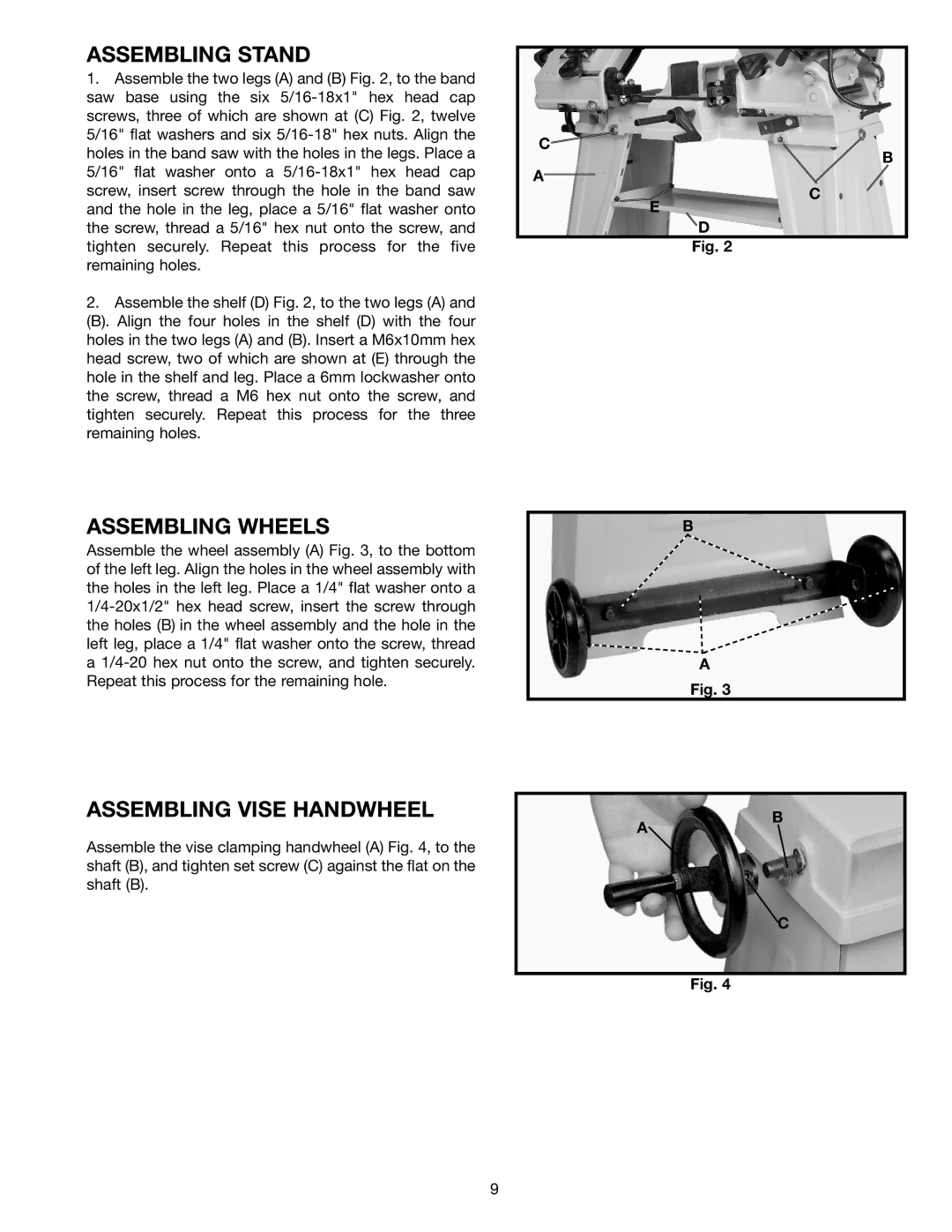 Delta 20-330 instruction manual Assembling Stand, Assembling Wheels, Assembling Vise Handwheel 