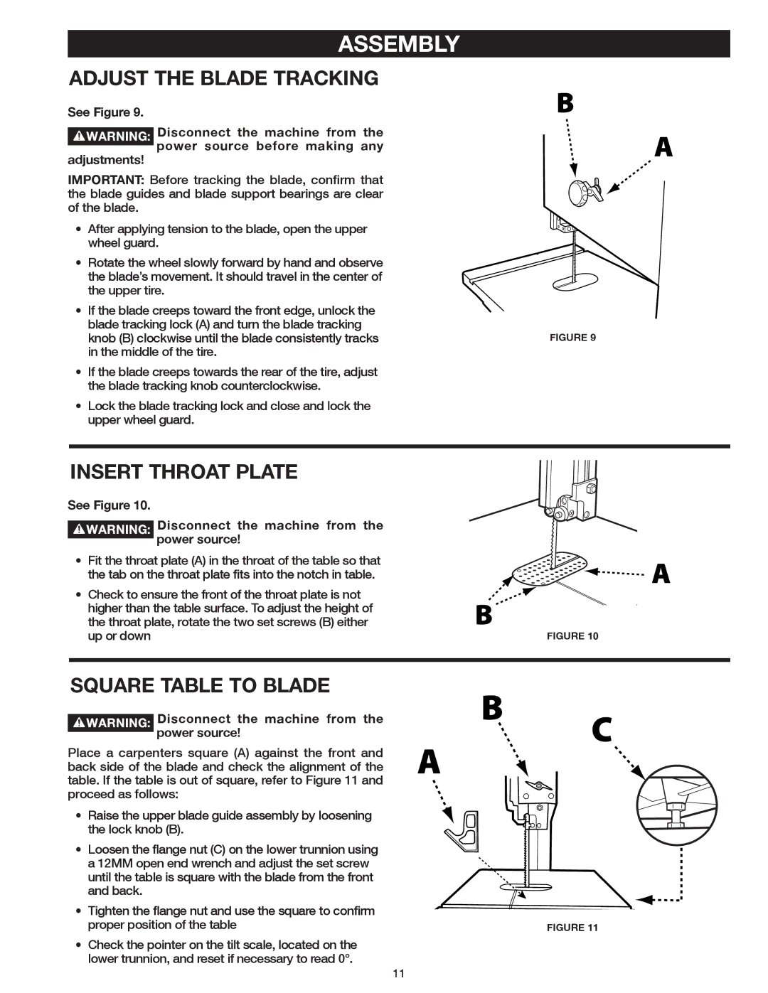 Delta 20-400 instruction manual Adjust the Blade Tracking, Insert Throat Plate, Square Table to Blade 