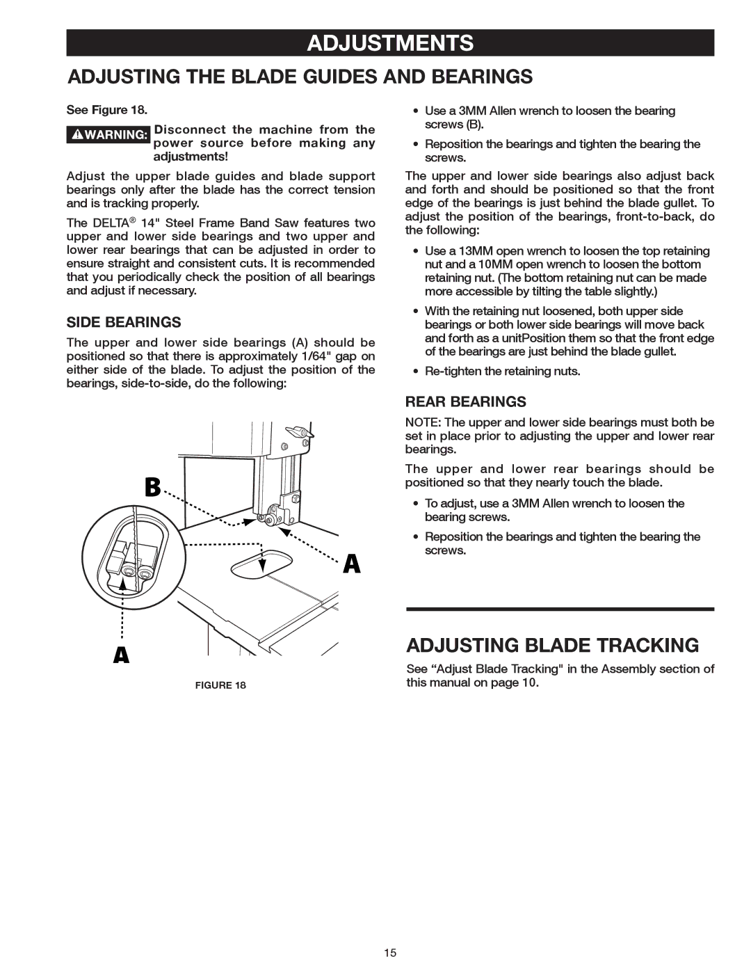 Delta 20-400 instruction manual Adjusting the Blade Guides and Bearings, Adjusting Blade Tracking 