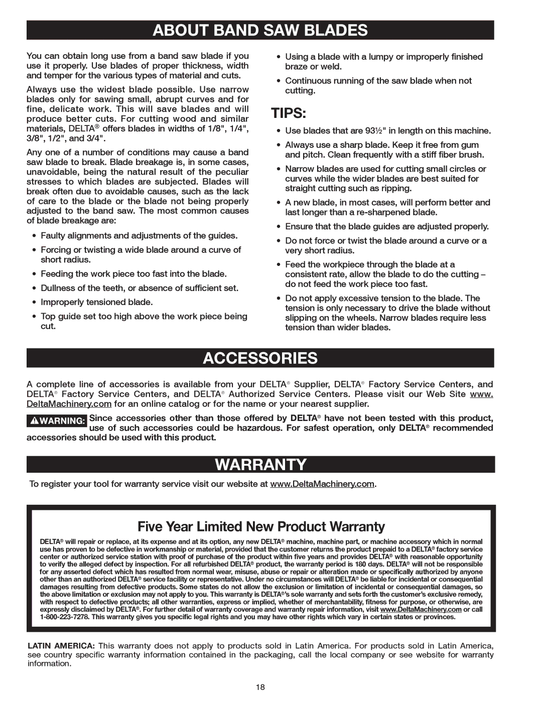 Delta 20-400 instruction manual About Band SAW Blades, Accessories, Warranty, Tips 