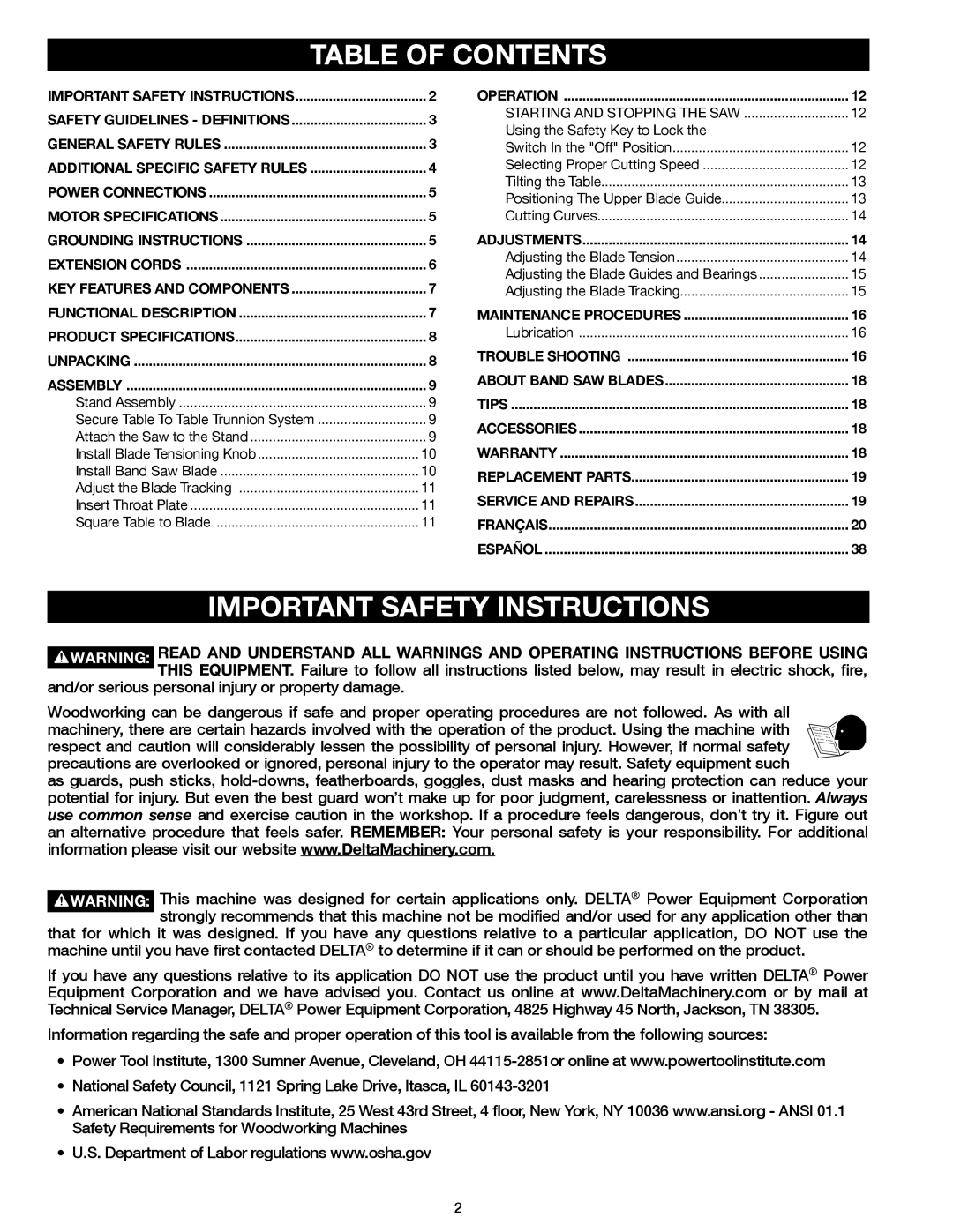 Delta 20-400 instruction manual Table of Contents, Important Safety Instructions 