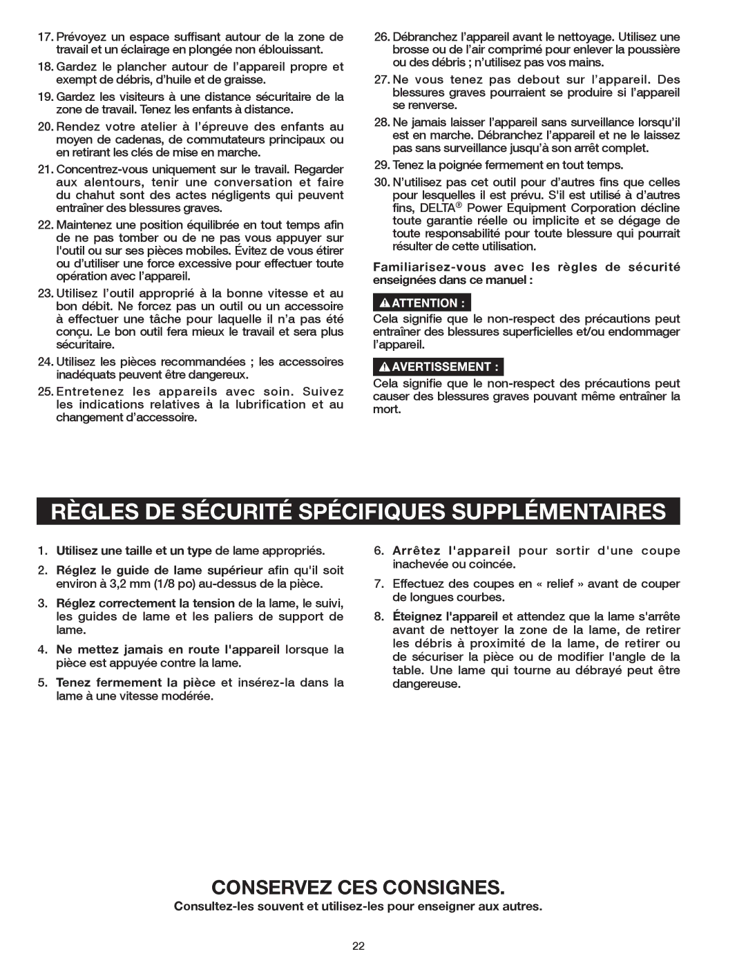 Delta 20-400 instruction manual Règles DE Sécurité Spécifiques Supplémentaires, Conservez CES Consignes 