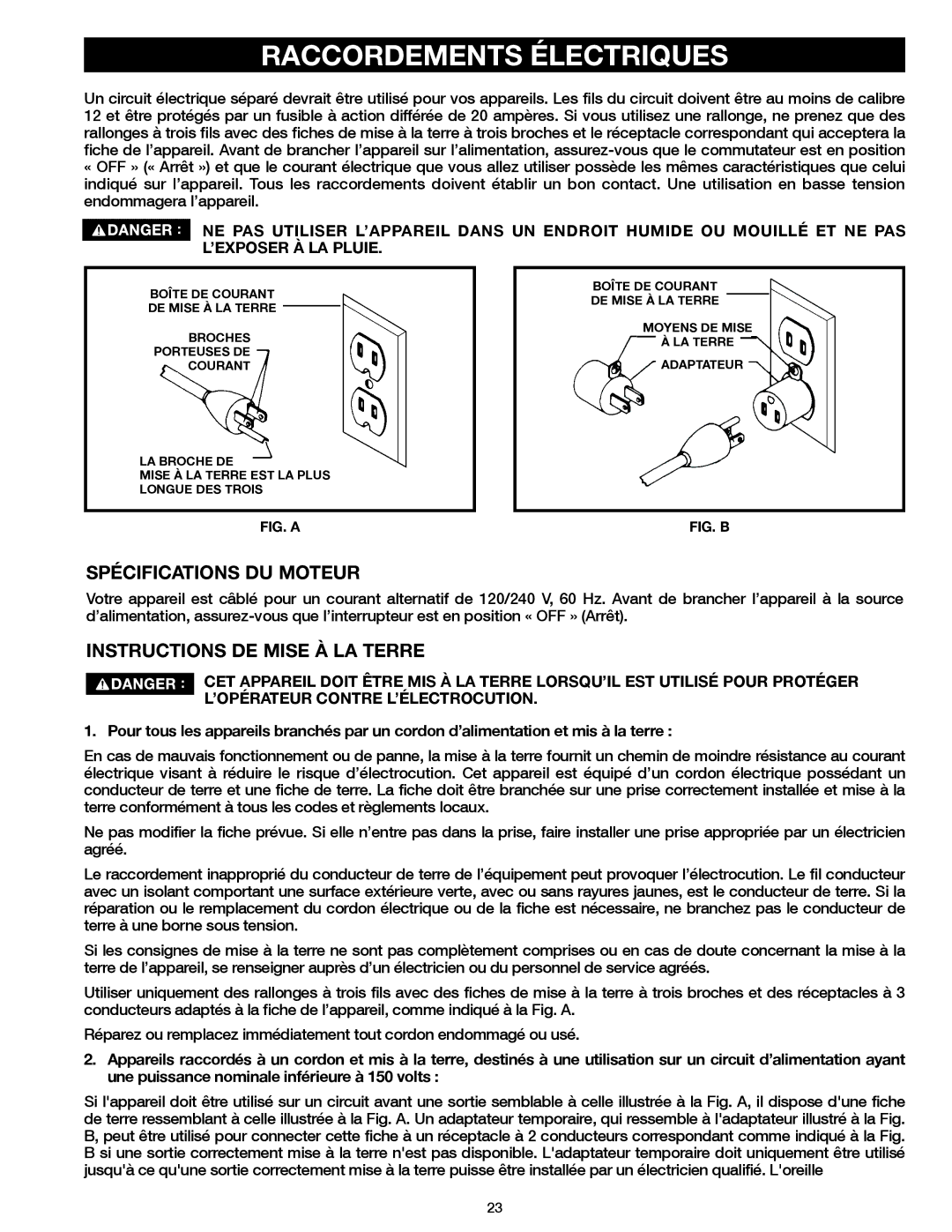 Delta 20-400 instruction manual Raccordements Électriques, Spécifications DU Moteur, Instructions DE Mise À LA Terre 