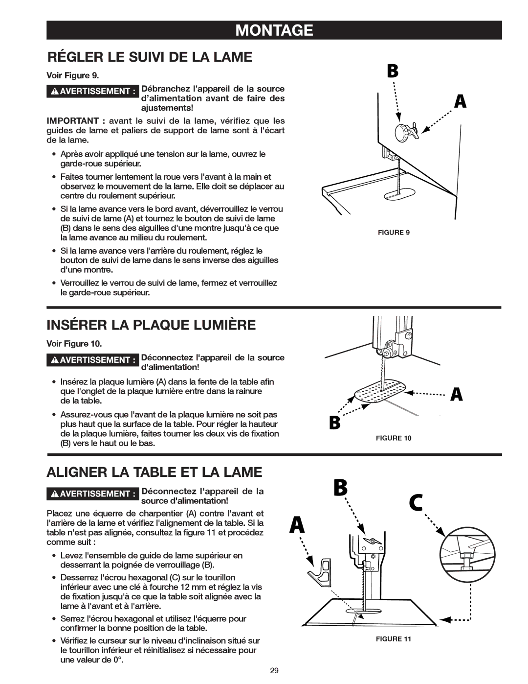 Delta 20-400 instruction manual Régler LE Suivi DE LA Lame, Insérer LA Plaque Lumière, Aligner LA Table ET LA Lame 