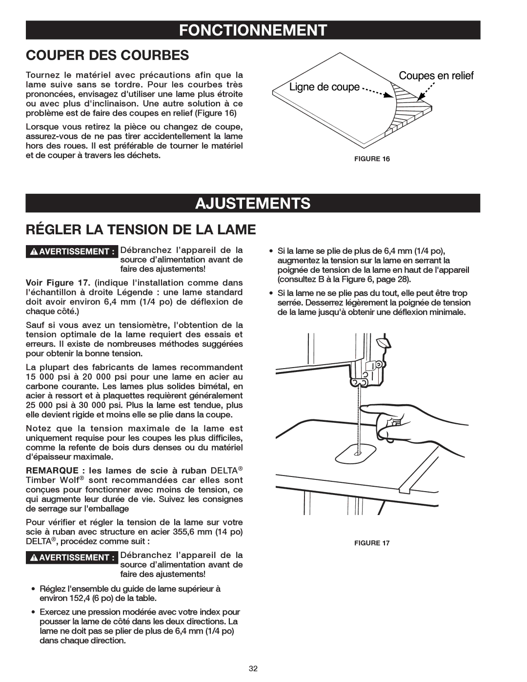 Delta 20-400 instruction manual Ajustements, Couper DES Courbes, Régler LA Tension DE LA Lame 