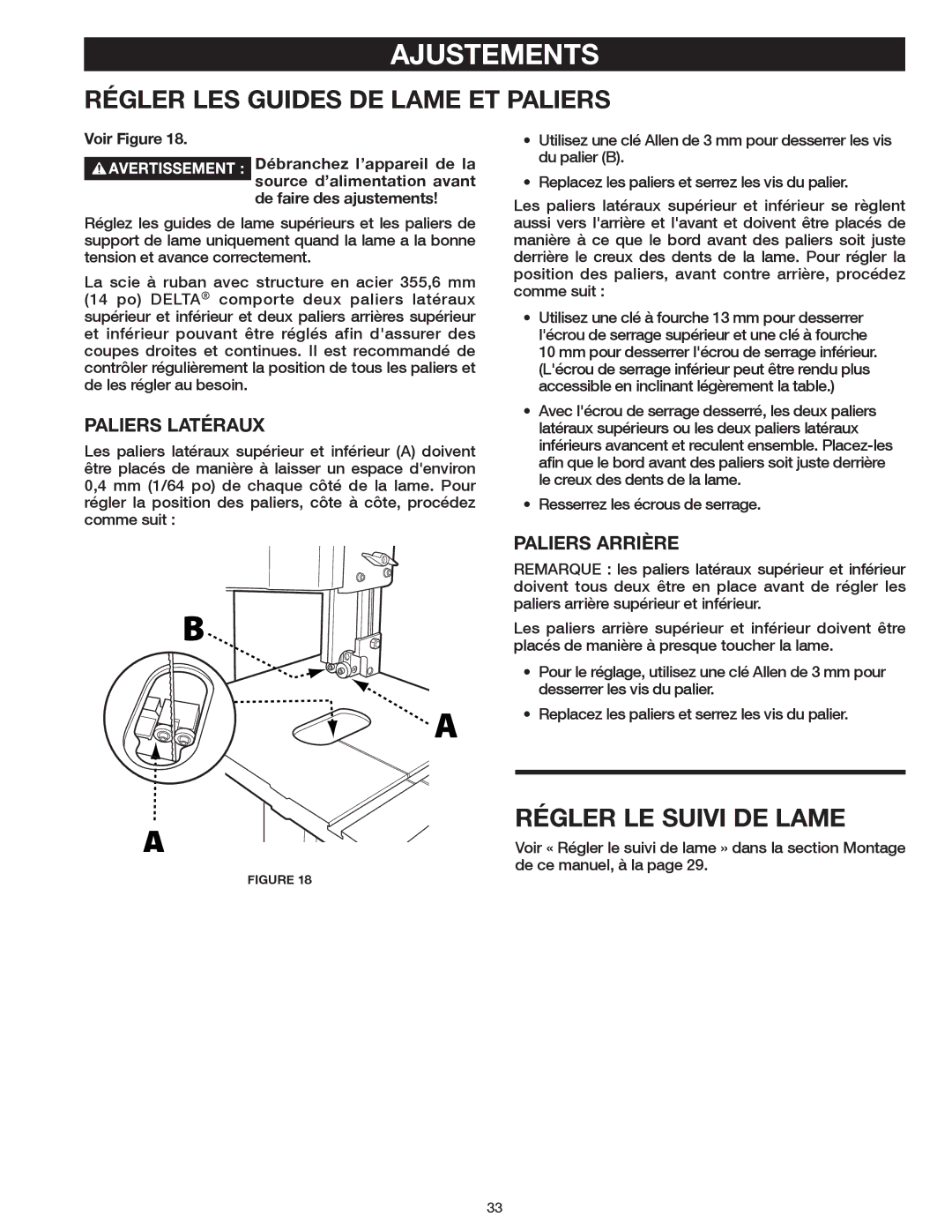 Delta 20-400 instruction manual Régler LES Guides DE Lame ET Paliers, Régler LE Suivi DE Lame 