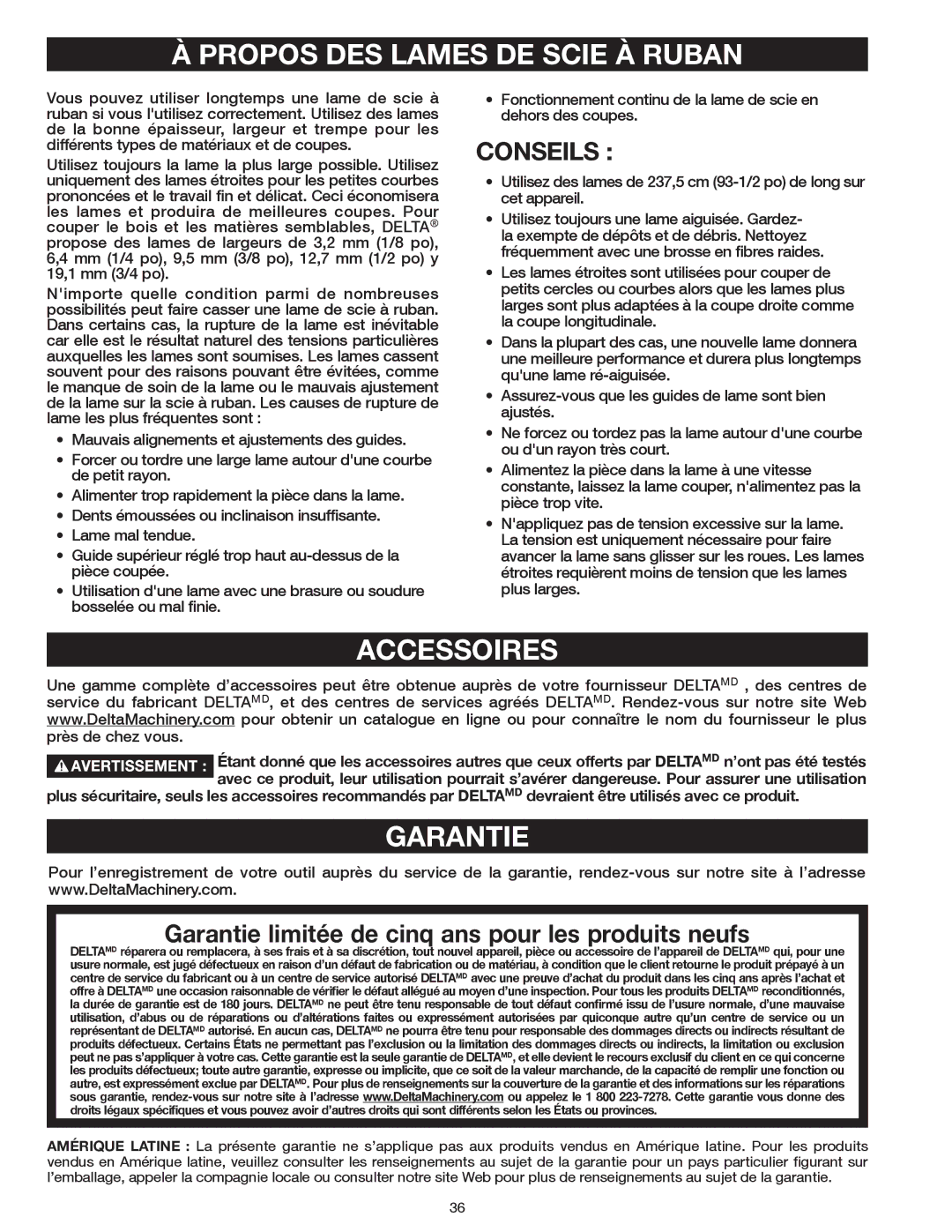 Delta 20-400 instruction manual Propos DES Lames DE Scie À Ruban, Accessoires, Garantie, Conseils 