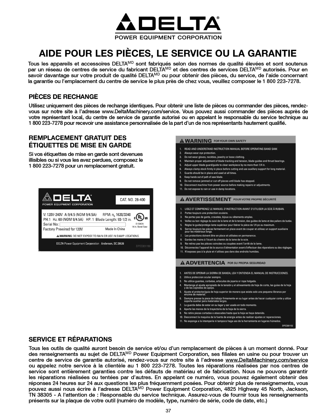 Delta 20-400 instruction manual Aide Pour LES PIÈCES, LE Service OU LA Garantie, Service ET Réparations 