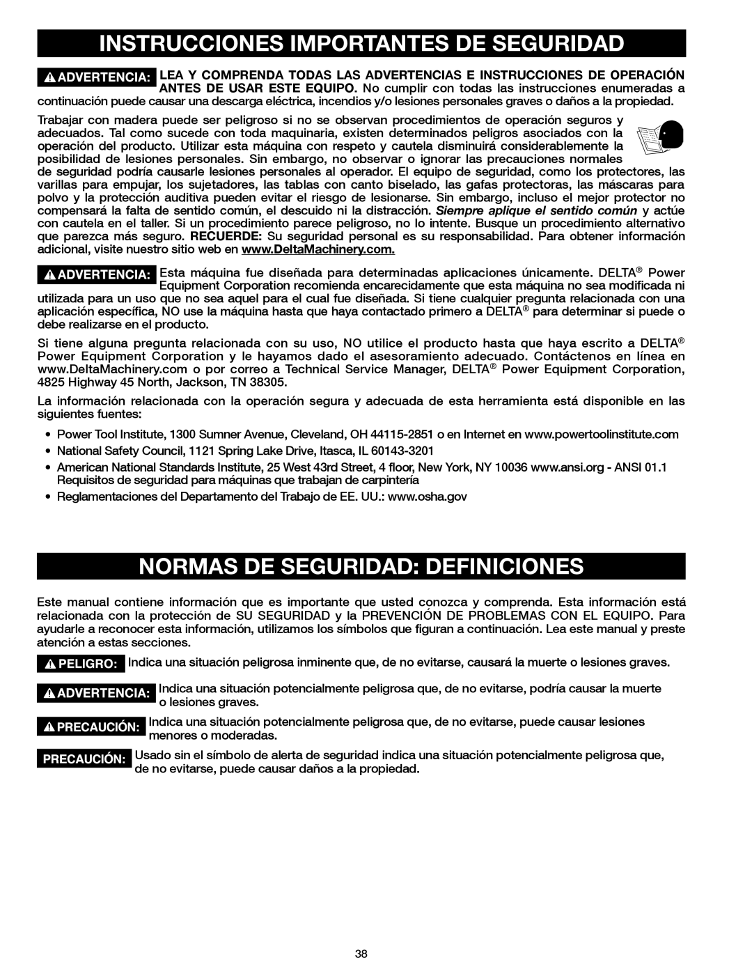 Delta 20-400 instruction manual Instrucciones Importantes DE Seguridad, Normas DE Seguridad Definiciones 