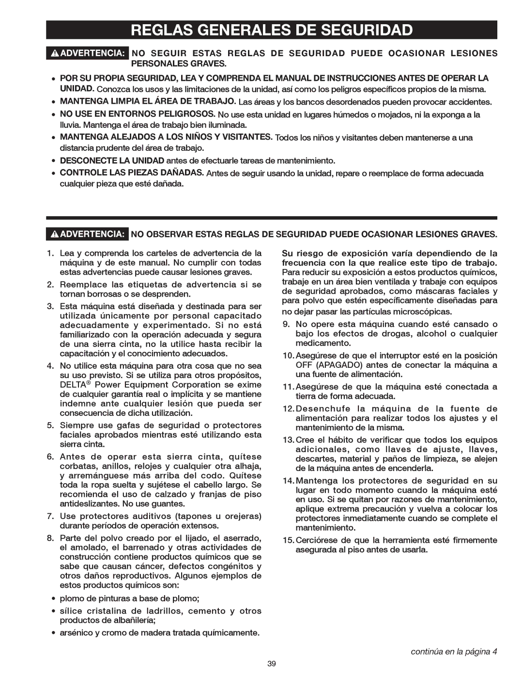 Delta 20-400 instruction manual Reglas Generales DE Seguridad, Continúa en la página 