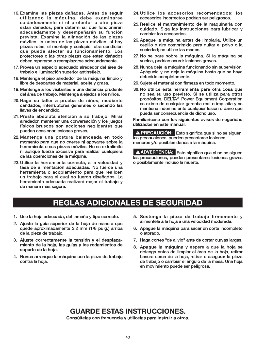 Delta 20-400 instruction manual Reglas Adicionales DE Seguridad, Guarde Estas Instrucciones 